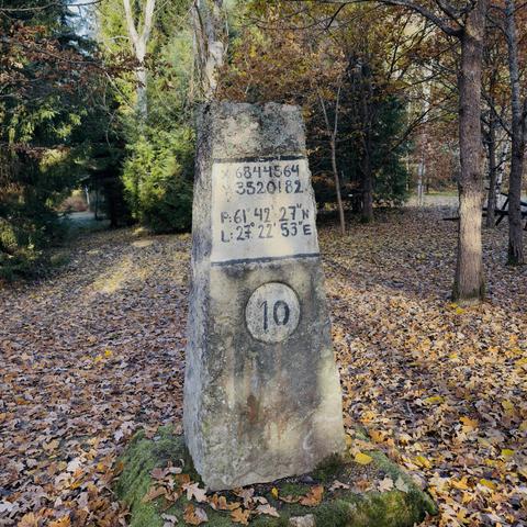 An old milestone turned into an art installation, with coordinates painted on it:
X: 6844564
Y: 3520182

(These are from the old Finnish YKJ coordinate system.)

P: 61°42'27"N 
I: 27°22'53"E

(These are also old-school coordinates, not WGS84.)

(The "I" (for "itä", east) has actually been mis-painted as "L".)