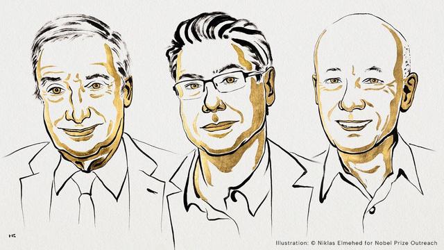 Drawing of the winners of the Sveriges Riksbank Prize in Economic Sciences in Memory of Alfred Nobel 2025: Joel Mokyr, Philippe Aghion and Peter Howitt