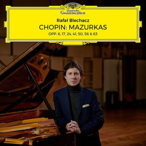 Cover of the music album with Mazurkas by Frederic Chopin played by Rafal Blechacz. On the cover the pianist in dark clothes is facing the camera next to the piano