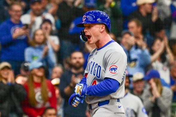 Chicago Cubs center fielder Pete Crow-Armstrong (4) reacts after hitting a 3-run home run against the Milwaukee Brewers in the fourth inning at American Family Field.