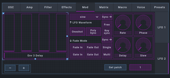 Screenshot showing the mod tab with lfo env3 page from the open stage control editor for novation circuit by tekknovator