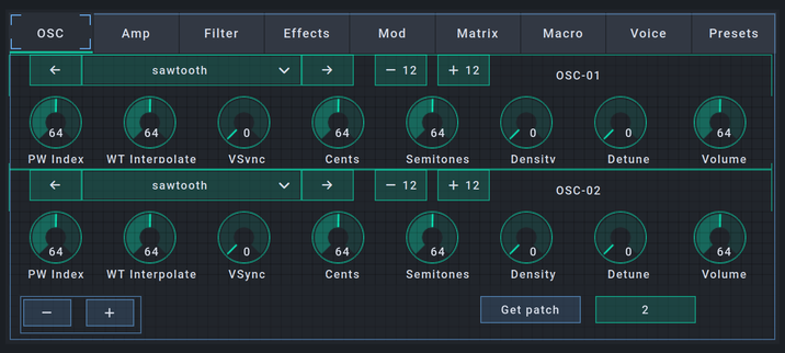 Screenshot showing the oscillator tab from the open stage control editor for novation circuit by tekknovator
