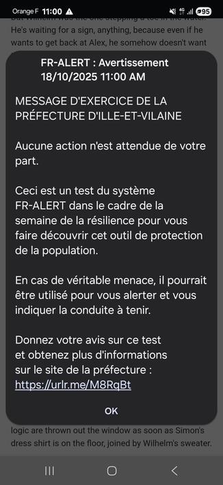 Message FR-ALERT reçu à l'instant sur mon téléphone. Le message dit qu'il s'agit d'un test lancé par la Préfecture d’Ille et Vilaine, pour "faire découvrir cet outil de protection de la population".