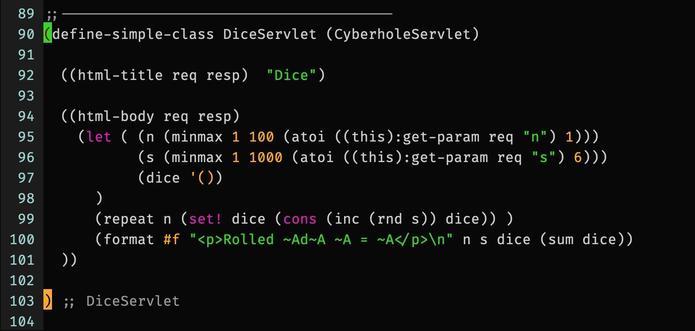 (define-simple-class DiceServlet (CyberholeServlet)

  ((html-title req resp)  "Dice")

  ((html-body req resp)
    (let ( (n (minmax 1 100 (atoi ((this):get-param req "n") 1)))
           (s (minmax 1 1000 (atoi ((this):get-param req "s") 6)))
           (dice '())
      )
      (repeat n (set! dice (cons (inc (rnd s)) dice)) )
      (format #f "<p>Rolled ~Ad~A ~A = ~A</p>\n" n s dice (sum dice))
  ))

) ;; DiceServlet