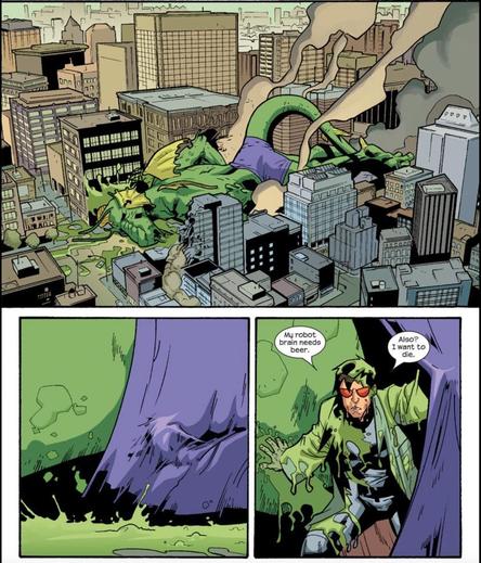 Fin Fang Foom lies dead on the streets, leaking green goo.
Beneath his purple shorts, where no genitals are hidden, something rustles.
It is Aaron Stack, Machine Man! Covered in goo.
"My robot brain needs beer. Also? I want to die."