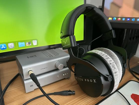 My audio setup for my home desk... a Schiit Stack with a pair of Beyerdynamic DT 770 Pro X headphones.