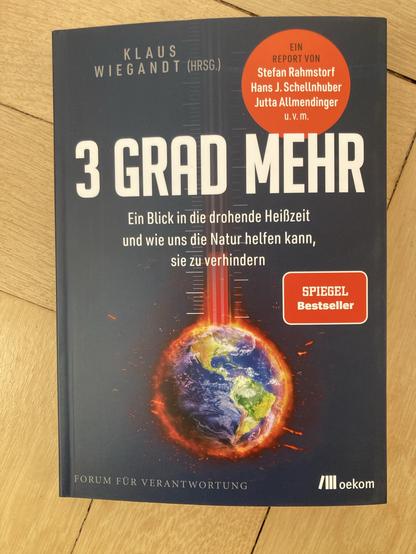 Ein Buch mit dem Titel "3 Grad Mehr", herausgegeben von Klaus Wiegandt, mit einem Globus mit einem Thermometer und Flammen, die die globale Erwärmung symbolisieren. Die Beschreibung enthält Einblicke in Möglichkeiten zur Verhinderung des Klimawandels sowie Empfehlungen von namhaften Mitwirkenden.