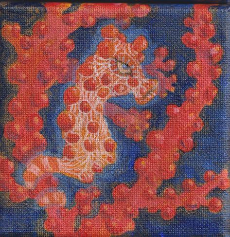 Painting of a pygmy seahorse with bobbly red texture blending into the bobbly red coral to which it clings with curled tail.
