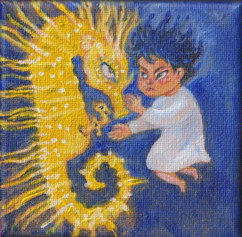 Painting of a yellow male seahorse giving birth, attended by a floating child in white shift or nightgown, the two staring into each other's eyes.