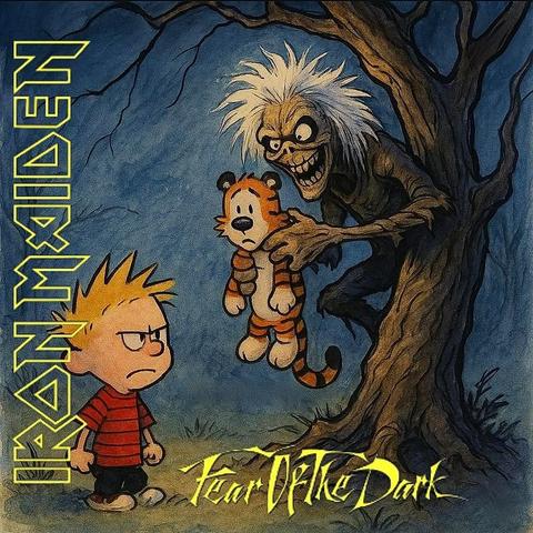 Nell'immagine, la copertina dell'album 'Fear of the Dark' degli Iron Maiden reintepretata con lo stile dei fumetti di Calvin & Hobbes.