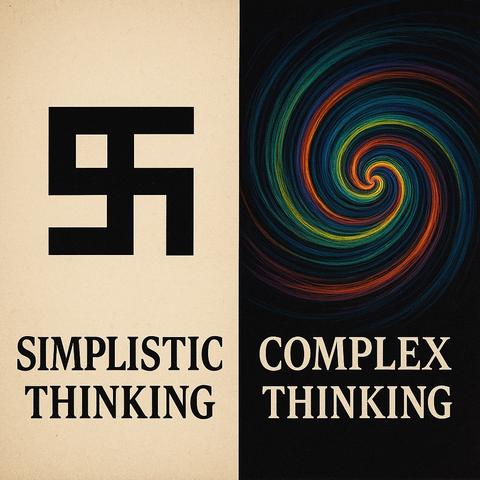 Überschrift:
Zwischen Einfachheit und Komplexität – das neuronale Spektrum des Homo sapiens
Denn Meinungsfreiheit ist keine Wissensfreiheit.

⸻

🇩🇪 Bildbeschreibung (Deutsch):

Das Bild zeigt das symbolische Spannungsfeld menschlichen Denkens.
Auf der linken Seite dominiert eine dunkle, kantige Struktur – Sinnbild für das einfache, mechanische und ideologisch verfestigte Denken, das durch Reduktion und Kontrolle gekennzeichnet ist. Es steht für den primitiven Pol des Homo sapiens, der Komplexität nicht erfassen kann und deshalb versucht, sie zu vereinfachen – oft mit zerstörerischer Wirkung.

Auf der rechten Seite entfaltet sich ein leuchtendes, spiralförmiges Muster in Gold- und Indigotönen – ein Symbol für das komplexe, multidimensionale Denken, das das Universum als Schwingungsfeld erkennt. Hier steht der Mensch in Resonanz mit dem Ganzen, nicht im Kampf dagegen.

Die zentrale Aussage lautet: Das neuronale Netzwerk des Menschen ist ein Spektrum zwischen starrer Vereinfachung und fließender Erkenntnis.
Nur wer Bewusstsein bildet, kann Komplexität erfassen – und wer sie nicht erkennt, flüchtet in Ideologie.

⸻

🇬🇧 Image description (English):

The image portrays the symbolic spectrum of human cognition.
On the left side, a dark, angular form represents simplistic, mechanical, and ideologically rigid thinking — the primitive pole of Homo sapiens, marked by reductionism and control. It reflects a mind unable to comprehend complexity, seeking instead to simplify reality, often 