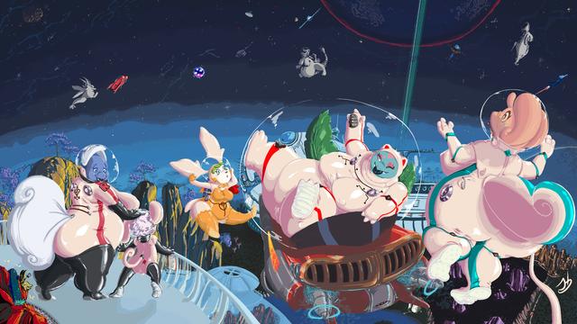 A big retro futureism scene with multiple Pokemon (Mainly Wartortle with Rattata professor Ulisses, Shymin Sky Forme, Ivysaur and Goodra) on the foreground. All in some form of BBW/overweight and wearing skin tight space suits. Lots of rubber and latex.~ All to a backdrop on a planet where you can also see above the atmosphere into space and above.