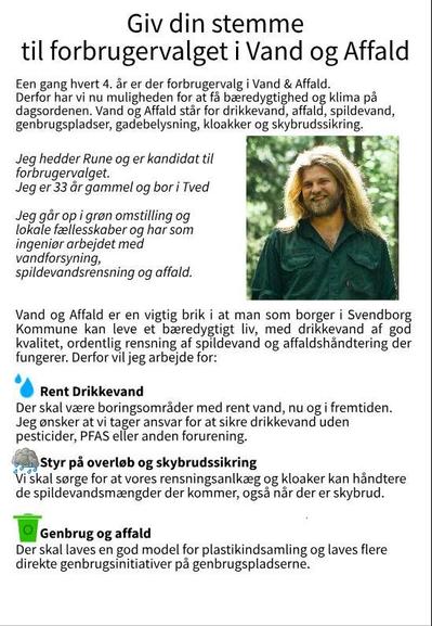 Flyer for Rune Popps kandidatur til forbrugervalg i vand og affald.