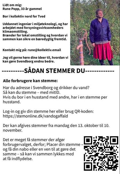 Flyer for Rune Popps kandidatur til forbrugervalg i vand og affald.