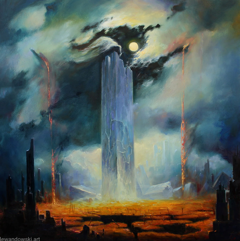 Artwork called "FALL" by Mariusz Lewandowski. Shown is a blue basalt like monolith standing against a dark night sky with a lot of white clouds. In the negative space created by the absence of clouds a creature seems to lurk. It pours red sand to the ground. Tiny people can barely be seen standing on the ground.
