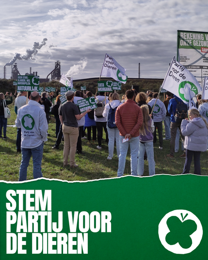 Foto van de demonstratie met op de achtergrond de rokende schoorstenen van de Tata fabriek en daaronder de tekst Stem Partij voor de Dieren