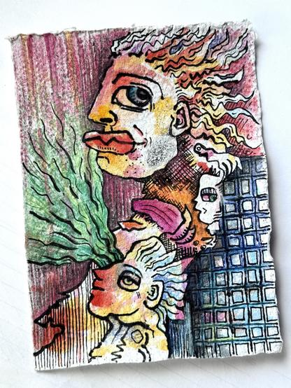 farbenfrohe, abstrakte Zeichnung (DINA6); stilisierte Gesichter in Seitenansicht mit übertriebenen Gesichtszügen; ein Gesicht hat fließendes Haar, während ein anderes eine grüne Wolke ausstrahlt; der Hintergrund enthält eine Mischung aus Mustern und Farben;