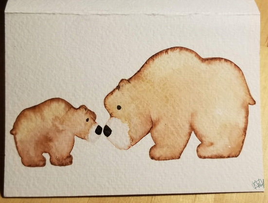 Watercolor mama and baby grizzlies, standing nose-to-nose.
