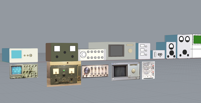 a 3D model of various pieces of test equipment from the 1950s - 1980s, with a few images in the file used for tracing purposes.