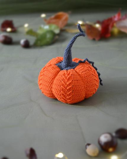 Petite citrouille au crochet de couleur orange vif. La tige, fine et tordue, est crochetée en fil gris foncé.
Elle est posée sur un fond vert avec des feuilles d’automne , des marrons flous ainsi qu'une guirlande lumineuse à l’arrière-plan.