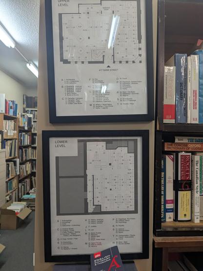 Photo of two framed floorplans of a bookstore