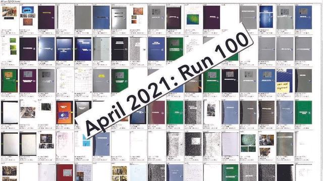 Vortragsfolie: ca. 100 Deckblätter von Laborbüchern, darüber der Schriftzug „April 2021: Run 100“.