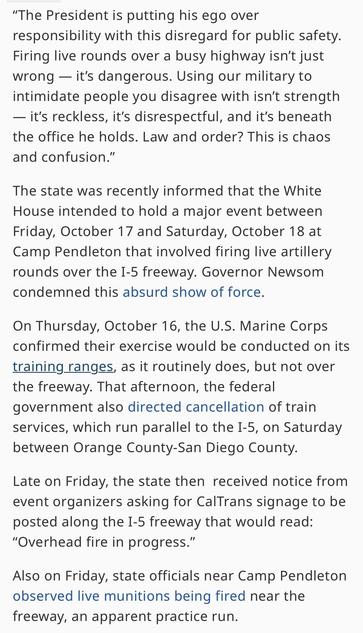 The image contains text discussing concerns regarding the firing of live artillery near a busy highway for a military event at Camp Pendleton. It includes statements from state officials condemning the danger and recklessness of the situation, along with details about cancellations of train services…