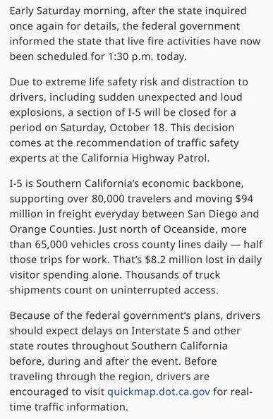 The image contains a news article discussing the closure of a section of Interstate 5 due to scheduled live fire activities on Saturday, October 18. It highlights safety risks, potential traffic disruptions, and economic implications, urging drivers to expect delays and check for…