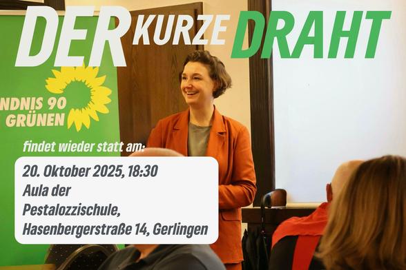 MdB Sandra Setzer spricht zu einer Gruppe von Menschen. Schriftzug "Der kurze Draht" und Daten des Termins darunter