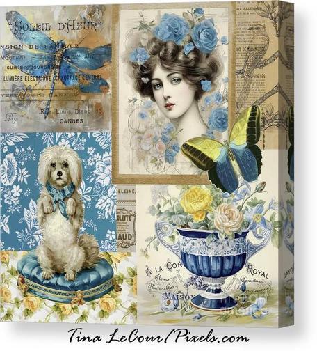 This is a canvas collage of a vintage gibson girl in a frame with flowers, a butterfly, a dragon fly, a bird and a poodle dog on her fancy dog bed with vintage french text.