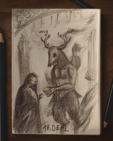 Disegno di una creatura che tende la mano a una persona.