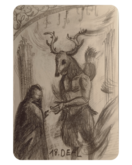 Disegno di una creatura che tende la mano a una persona.