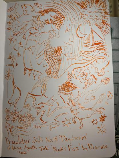 The Sun is smiling, there's a brachiosaur, the moon, a sailboat,a rainbow, a numbat, stars and unicorn, dragon, opinicus and flowers and butterflies all in a tangerine coloured ink. Tangerine dream I guess?