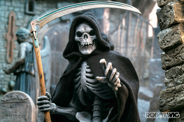 The Grim Reaper walks through a grave yard during the day. He spots you and points in your direction