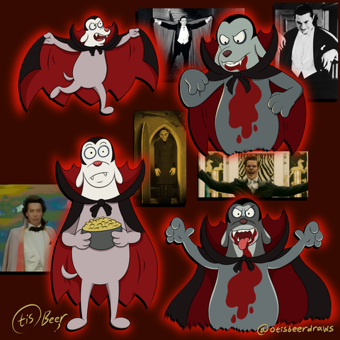 Dog from Robot Dreams wearing his vampire outfit in various poses, with references to his poses behind him including Bela Lugosi's Dracula, Nosferatu, Tim Curry from The Worst Witch and Matt Smith's Milo from Morbius.