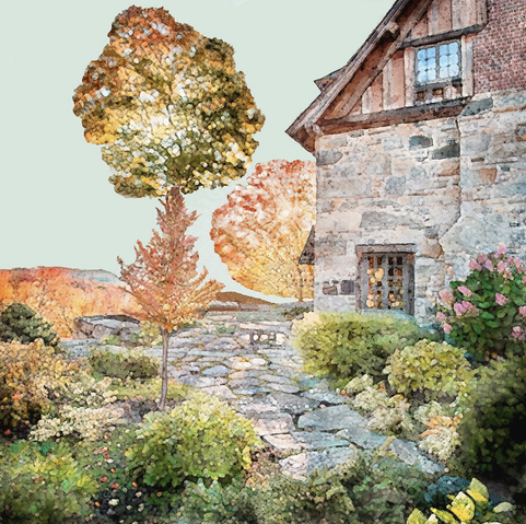 English Countryside Stone Cottage. Picture yourself walking up the flagstone path through a lush flower garden to the front door of this pretty stone cottage. As you make your way, you look out over a large expanse of timber land, aglow with the colors of Autumn and backed up by distant mountains. The setting sun peeks through the branches of nearby trees and warm light shines through the windows of the cottage.