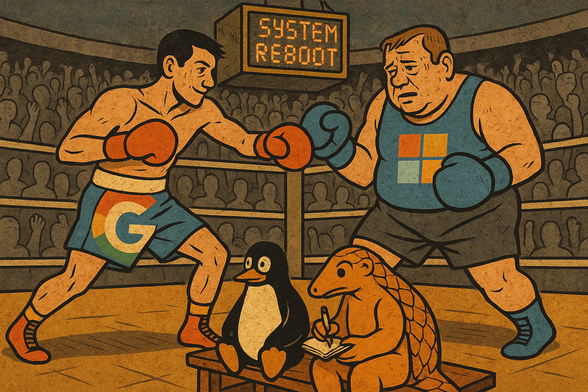 Comic-Illustration. In einem Boxring kämpfen zwei erschöpfte Boxer – links der jüngere, energiegeladene Google-Boxer in den typischen Google-Farben, rechts der ältere, schwerere Microsoft-Boxer in Blau mit Windows-Logo.
Über ihnen blinkt ein defekter Anzeigewürfel mit der Aufschrift „SYSTEM REBOOT“.
Das Publikum im Hintergrund ist in Grautönen gehalten, gesichtslos und industriell.
Im Vordergrund sitzen ein nachdenklicher Pinguin (Symbol für Linux) und ein Pangolin (Pandolin-Maskottchen) auf einer Holzbank, das Pangolin schreibt in ein Notizbuch, während beide den Kampf ruhig beobachten.
Die Szene steht symbolisch für den Machtkampf der Hyperscaler – und für die Hoffnung auf digitale Souveränität durch Wahlfreiheit.