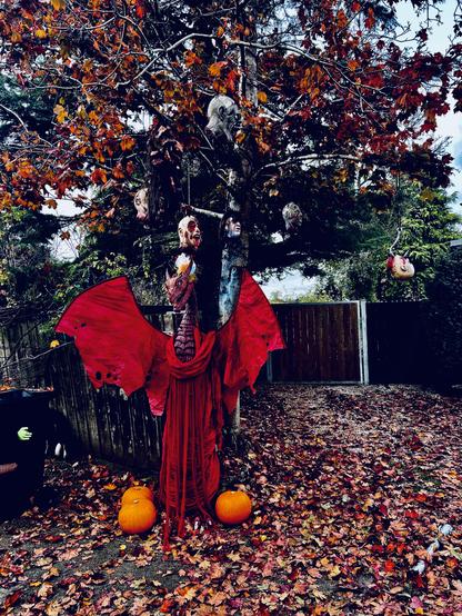 A dragon has got in, with pumpkins below
