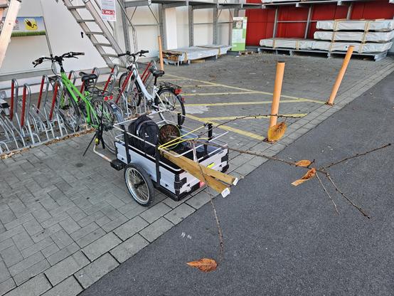 Beladener Fahrradtrailer vor Baumarkt