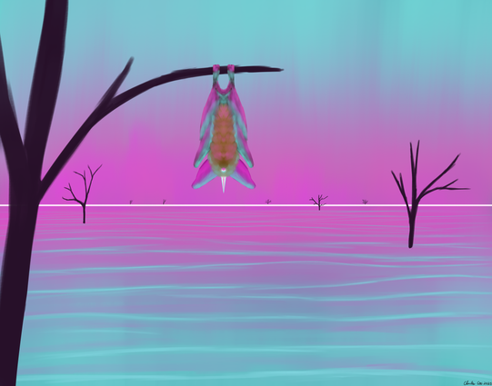 a watery landscape of a calm ocean. The sky transition from a deep purple pink on the horizon to a light teal blue higher in the sky. A white line sits on the horizon and the calms waters below reflect the skis above. A number of leafless dark trees dot the landscape. Hanging from a tree jutting from the foreground is a bat. They have purple pink ears and white spikes on their head. Their wings reflect the colors of the sky while their brown fur mixes with it. They hand from the tree looking out to the distant horizon.