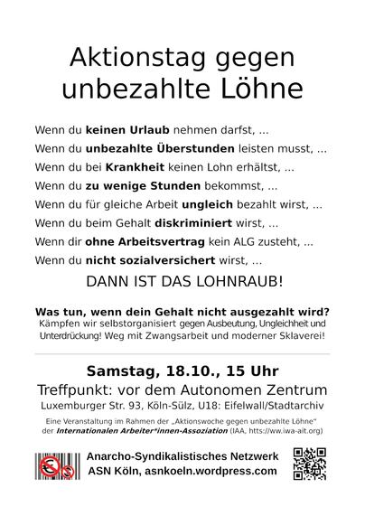 Plakat zum "Aktionstag gegen unbezahlte Löhne" am 18.10.2025 (ASN Köln)