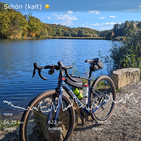 Fahrrad lehnt an einem Felsen an einem See.
Graveltour: 66 km / 622 Hm Schön (kalt)!