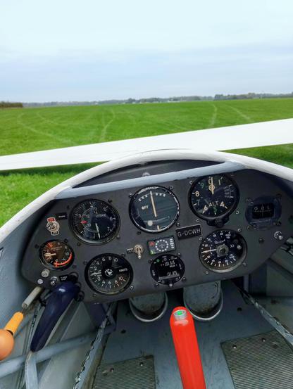 A glider cockpit on the runway