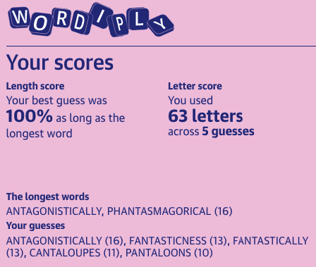 The longest words:
ANTAGONISTICALLY, PHANTASMAGORICAL (16)