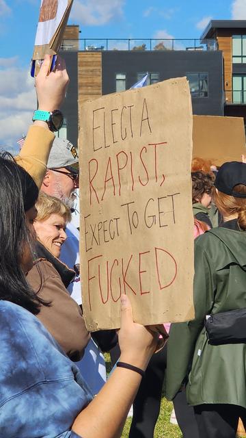 A close-up outdoor photograph depicts a group of people at a protest or demonstration. The foreground is dominated by a large, rectangular cardboard sign held aloft by multiple hands. The sign is brown and has handwritten red text that reads "ELECT A RAPIST EXPECT TO GET FUCKED". Partial views of other people are visible around the sign holder, including faces and upper bodies. A patch of green grass is visible at the bottom, and a building is partially visible in the background under a clear blue sky. 

Provided by @altbot, generated privately and locally using Gemma3:27b