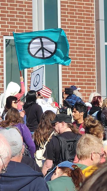 A crowd of No Kuigs protesters beneath a large flag with a peace sign.
