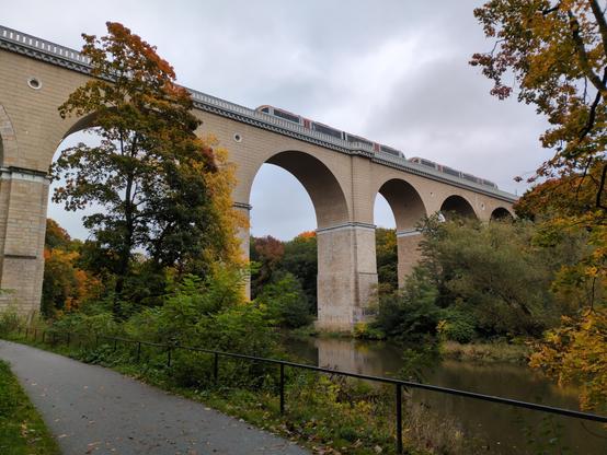 Ten sam wiadukt widoczny z dołu. Akurat przejeżdża nim podwójny skład Desiro Classic. Po lewej stronie czarna ścieżka, odgrodzona od rzeki czarnym, metalowym płotem. Brzegi porośnięte zieloną trawą, po drugiej stronie gęste krzewy i drzewa. Na spodzie trzeciej podpory widać jakieś graffiti.