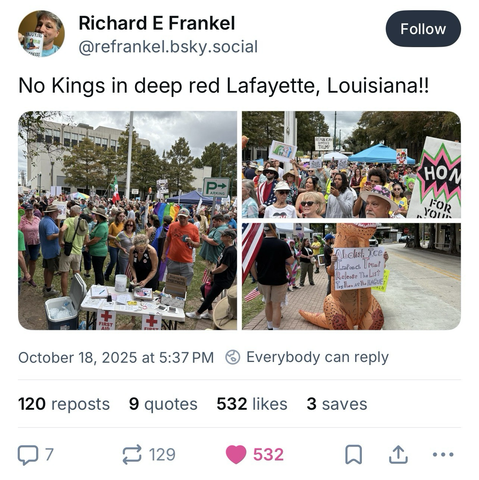 Social media post for “No Kings 2.0” from Lafayette, Louisiana.