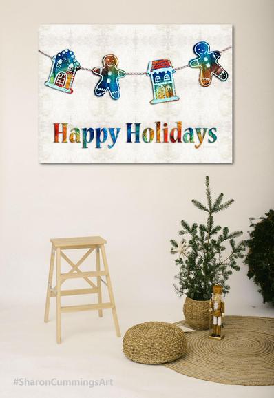 Colorful gingerbread mean and houses with Happy Holidays by artist Sharon Cummings.
