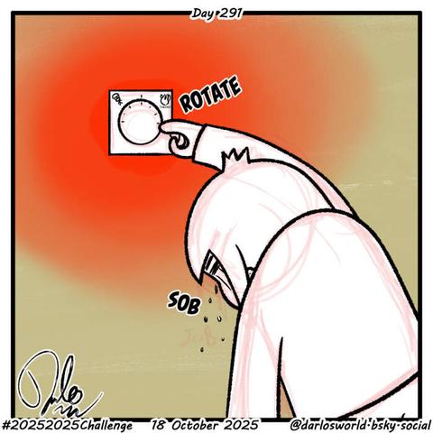 Drawing of Darlo sobbing as he rotates the temperature on a thermostat.